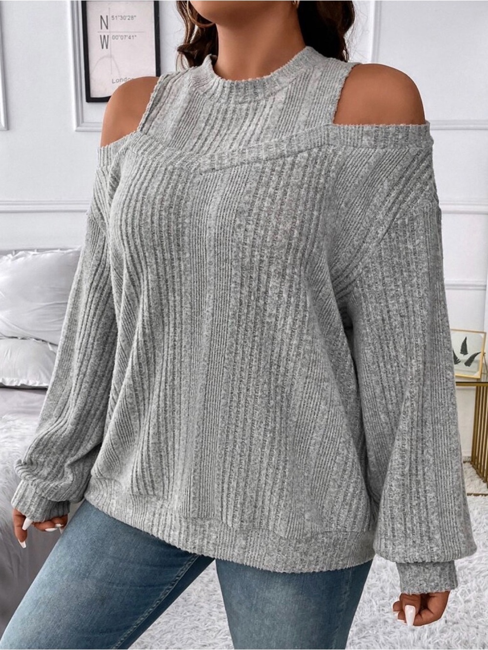 SHEIN Gray/Black/ Blue & a Brown Ribbed Cold-Shoulder Sweater